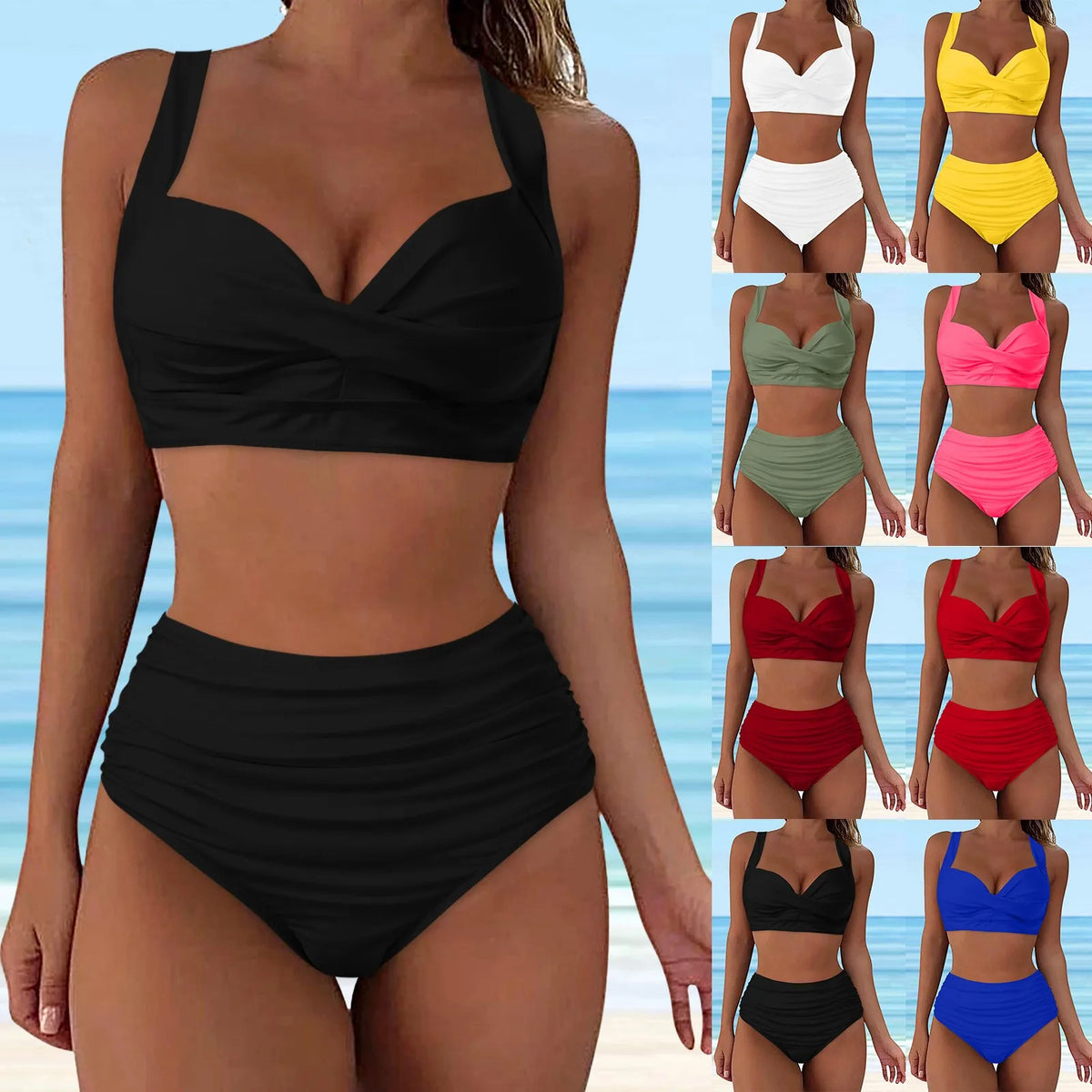 Ensemble Bikini Deux Pièces Uni – Taille Haute, Col en V, Push-Up, Volants, Style Plage Été