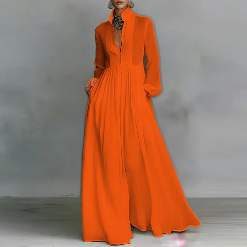 Robe Maxi Femme – Col Rond, Manches Lanterne, Taille Empire, Poches, Plissée | Style Élégant