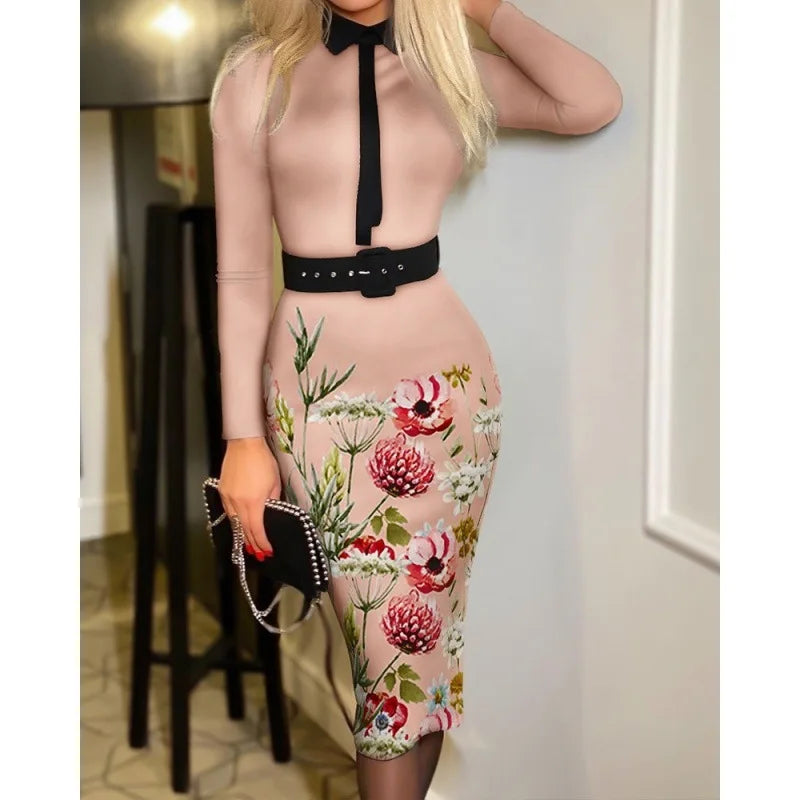 Fitted Printed Midi Dress with Belt and Structured Collar