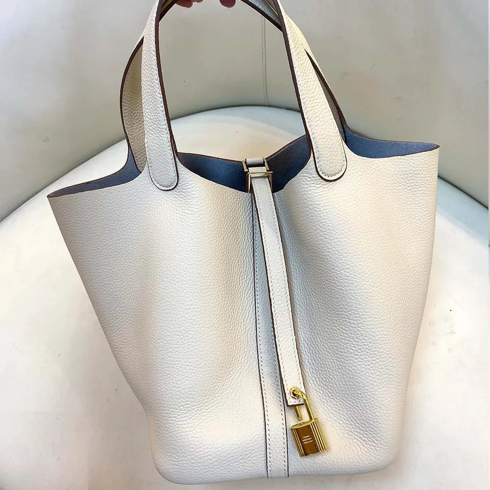 Gold genuine leather bucket bag for women - Large luxury designer tote