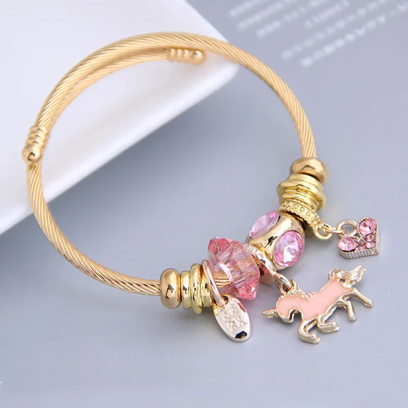 Bracelet Charm Cœur & Cheval – Acier Inoxydable Doré, Cristal, Pour Femme