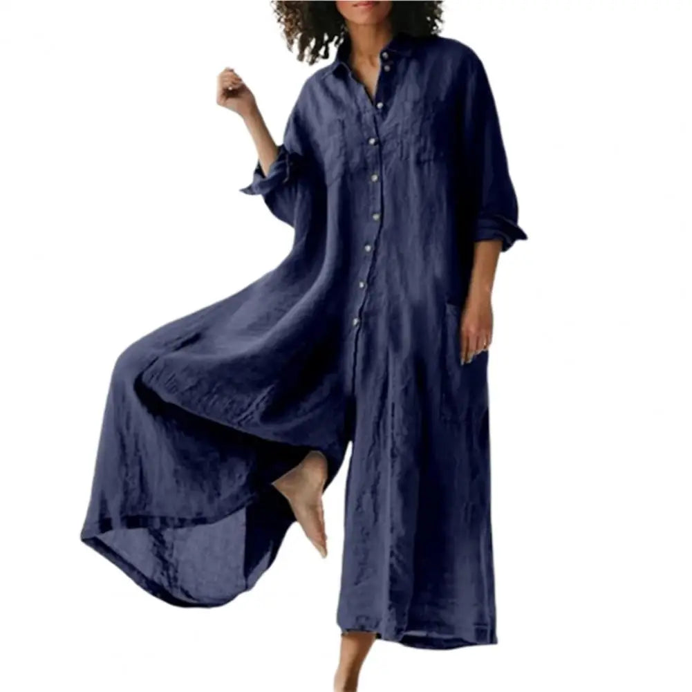 Plus Size Women's Jumpsuit – Linen Cotton, Turn-Down Collar, Wide Leg, Vintage Casual Style