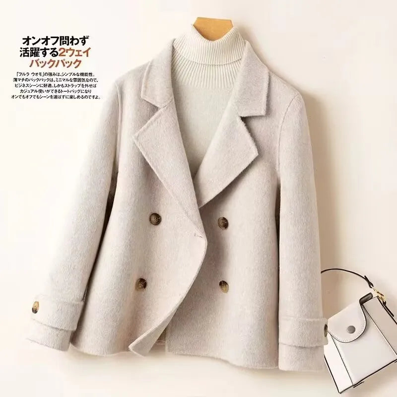 Manteau Court en Laine à Double Boutonnage et Col Tailleur