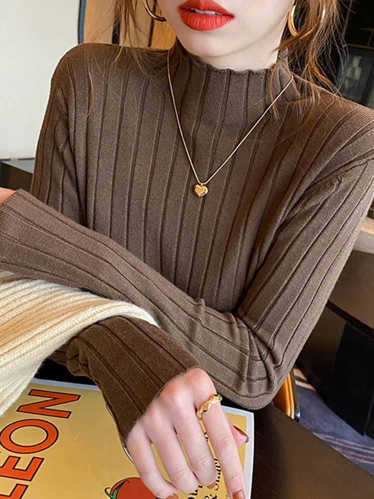 Fitted Ribbed Mock Neck Sweater