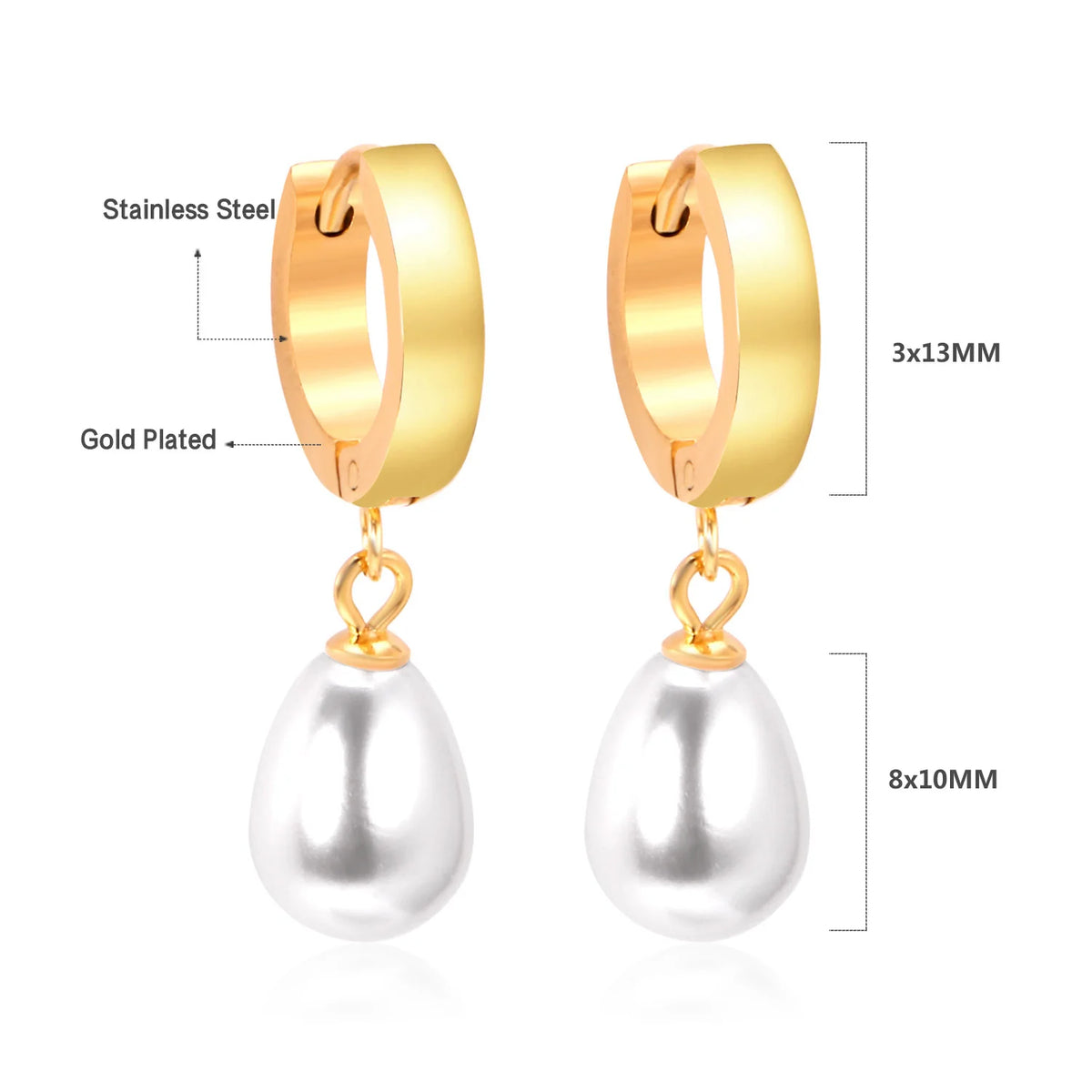 Boucles d'Oreilles Créoles Perle Simulée – Acier Inoxydable Plaqué Or 24K, Style Tendance