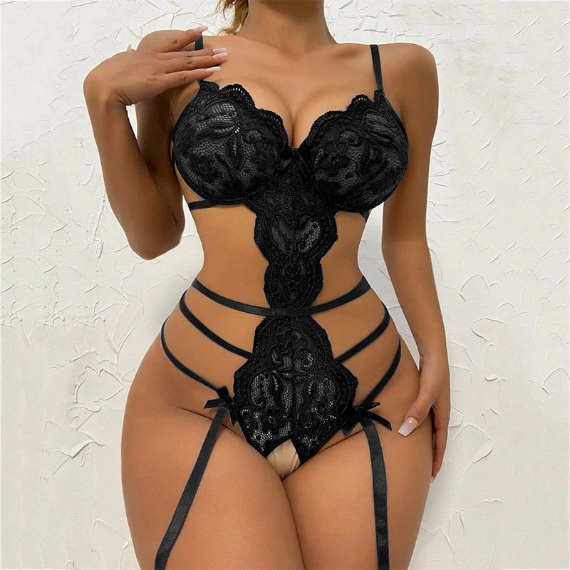 Lace Cut-Out Lingerie Bodysuit – Sheer Corset, Garter Belt & V-Neck