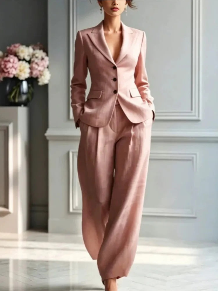 Three-Button Blazer and Wide-Leg Pleated Trousers Set