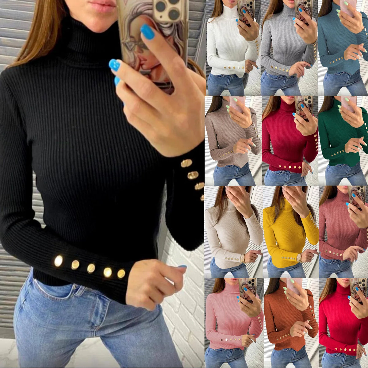 Pull Côtelé à Col Roulé et Boutons Décoratifs