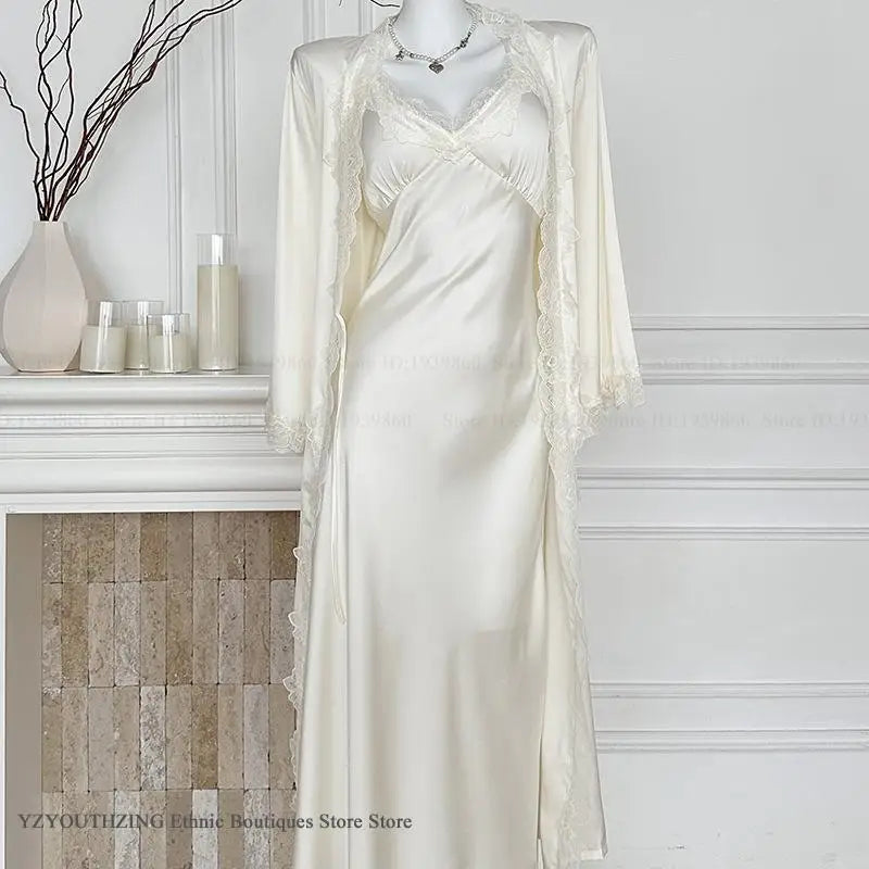 Ensemble Peignoir & Nuisette Femme – Déshabillé Satiné, Bordure Dentelle, Style Élégant & Sexy