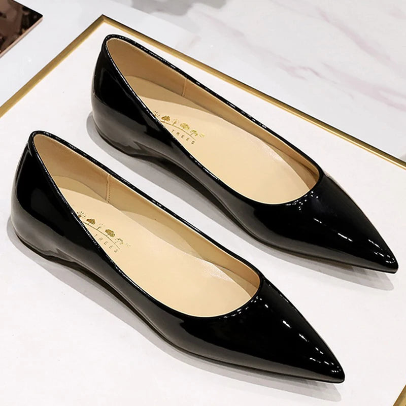 Chaussures Plates Femme en Cuir PU Verni – Bout Pointu Élégant, Style Français Chic