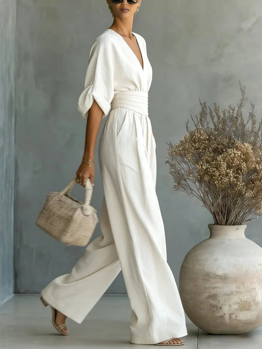 Women's Jumpsuit – V-Neck, High Waist, Wide Leg, Pockets | Elegant Loose Fit