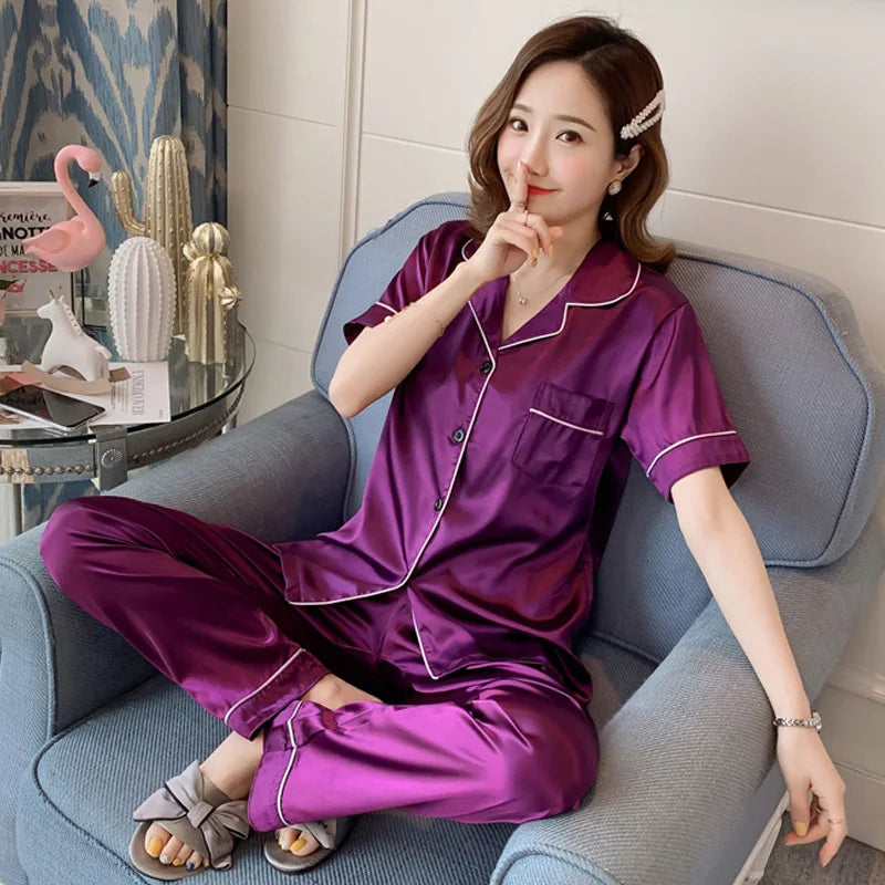 Ensemble Pyjama Femme Satiné – Haut Boutonné & Pantalon, Grande Taille