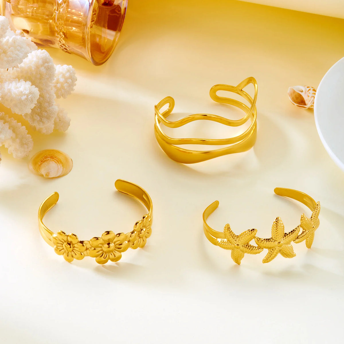 Bracelet Manchette Boho Étoile de Mer – Acier Inoxydable Doré, Motif Océan, Plage & Fête, Pour Femme