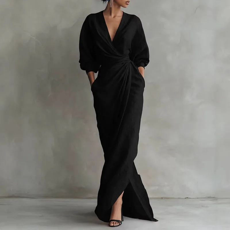 Robe Maxi Femme – Col V, Manches Longues, Taille Empire, Fente | Coupe Slim