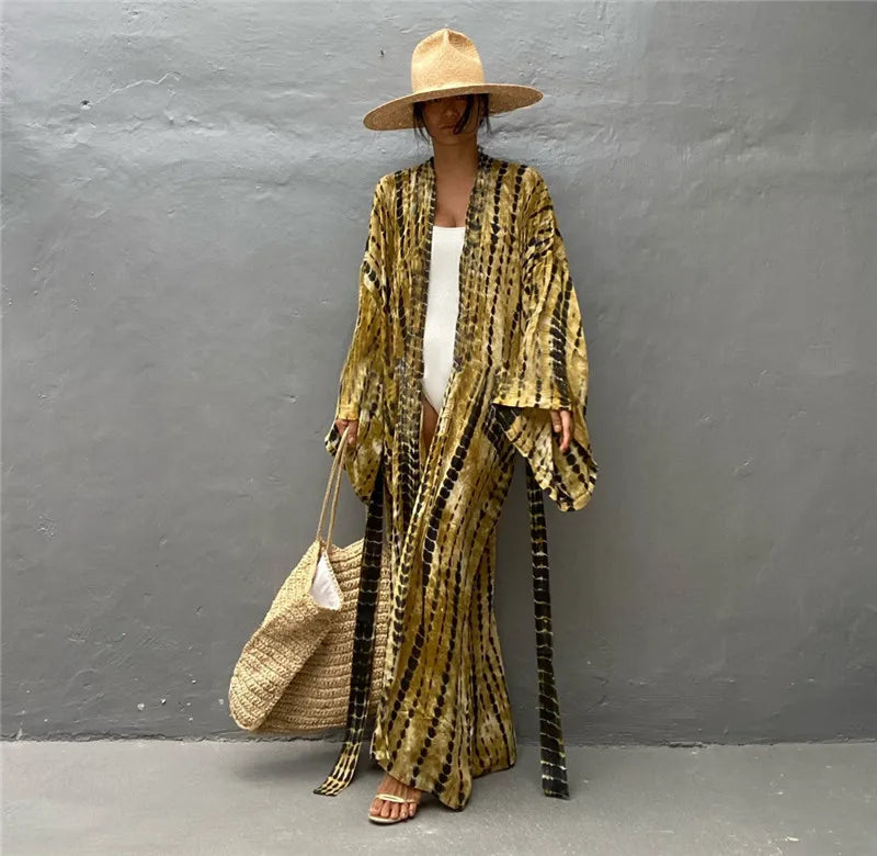 Women's Tie-Dye Long Kimono Cover-Up – Open Front, Rayon, One Size, Beach Style