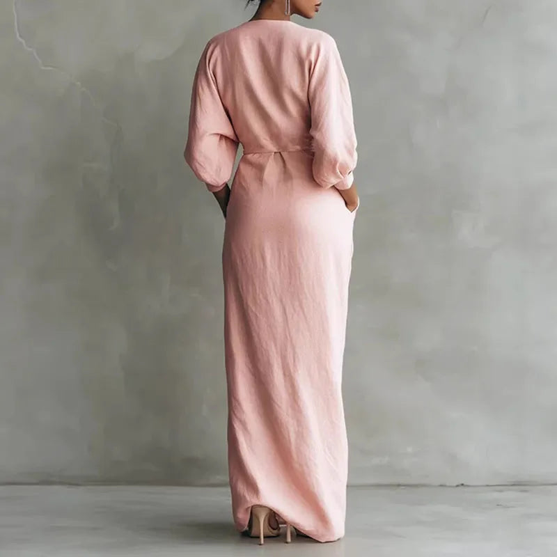 Robe Maxi Femme – Col V, Manches Longues, Taille Empire, Fente | Coupe Slim