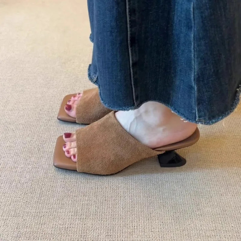 Women's Faux Suede Mules – Square Toe, Unique Block Heel, Elegant Office Style
