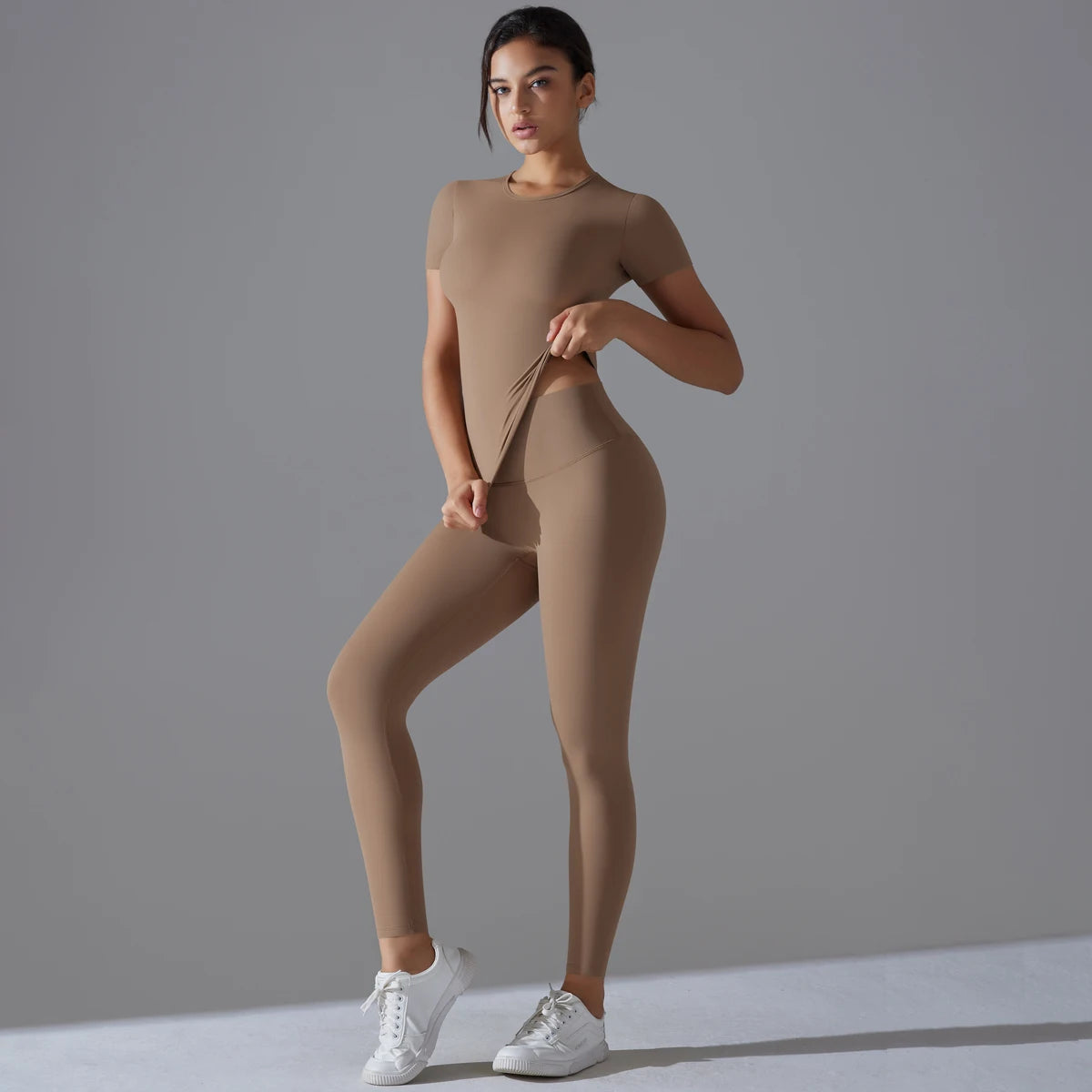 Women's 2-Piece Sport Set – Short Sleeve Crop Top & High-Waisted Leggings, Yoga & Fitness