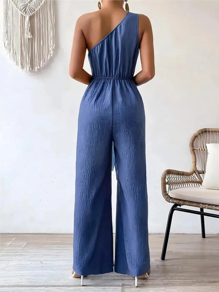 Combinaison Femme – Sans Manches, Col Asymétrique, Laçage, Jambes Larges, Taille Haute
