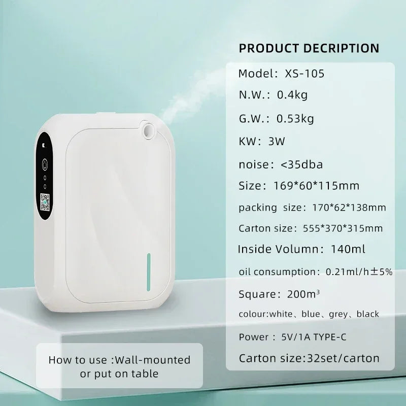 200 m³ Bluetooth Aromatherapy Diffuser – App Control, Wall-Mounted, Pure Essential Oil