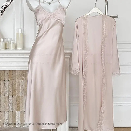Ensemble Peignoir & Nuisette Femme – Déshabillé Satiné, Bordure Dentelle, Style Élégant & Sexy