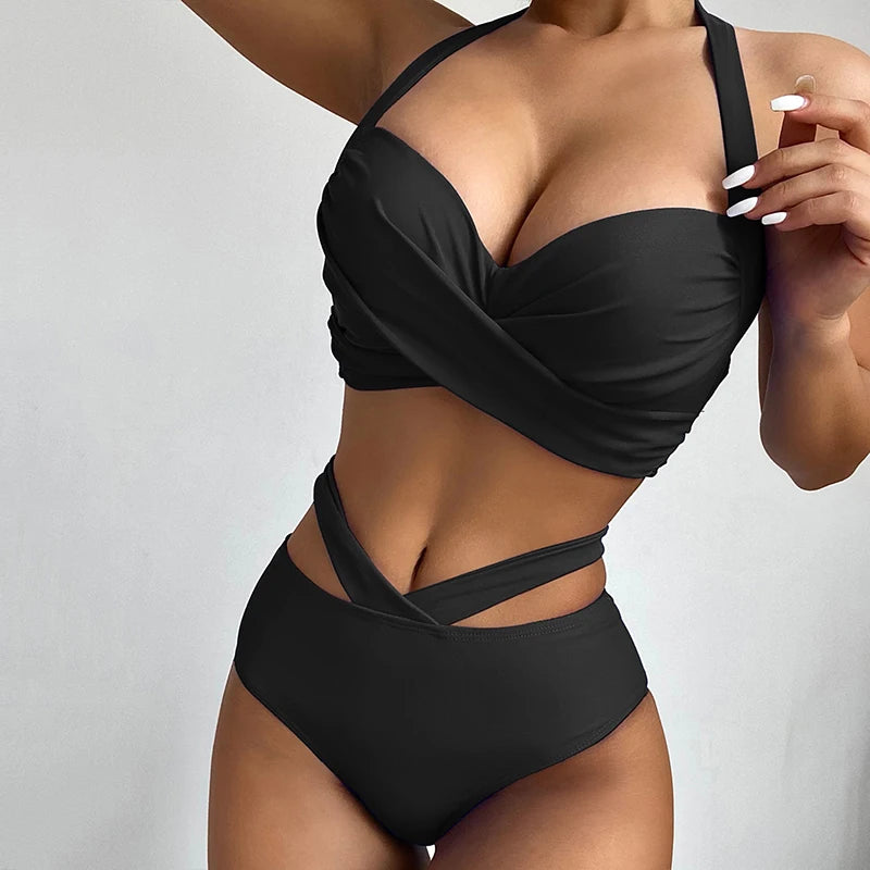Printed Two-Piece Bikini Set – High Waisted, Push-Up Halter, Bow, Beach Style