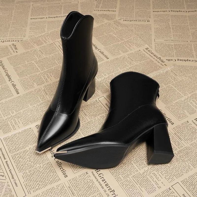 Metallic Pointed-Toe Block Heel Ankle Boots
