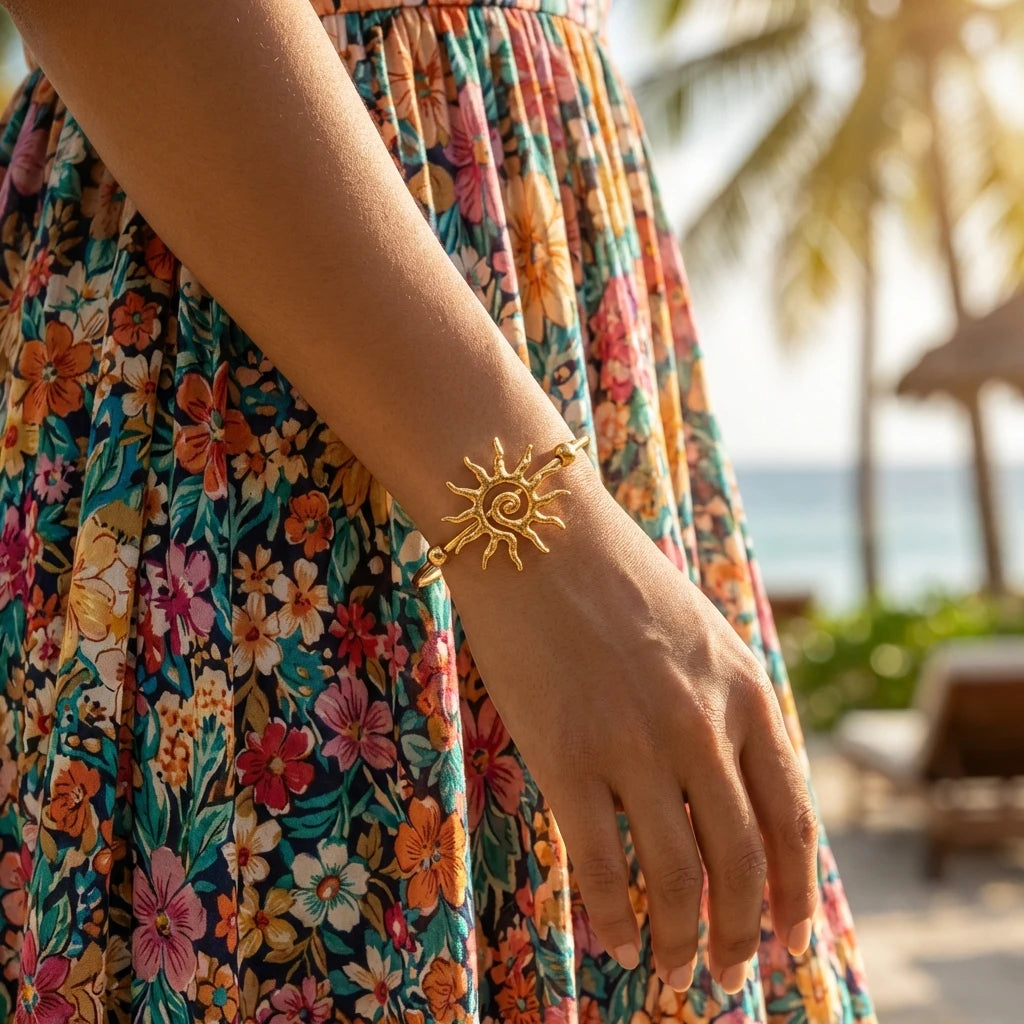 Boho Sun Cuff Bracelet – PVD Gold-Plated Stainless Steel, Geometric Style, For Women