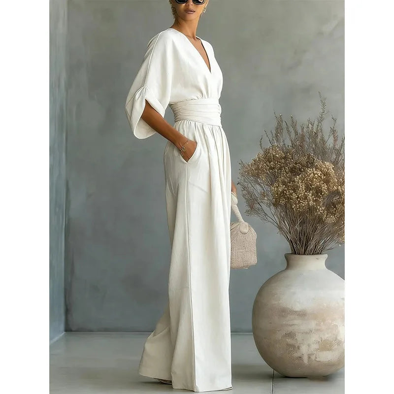 Women's Jumpsuit – V-Neck, High Waist, Wide Leg, Pockets | Elegant Loose Fit