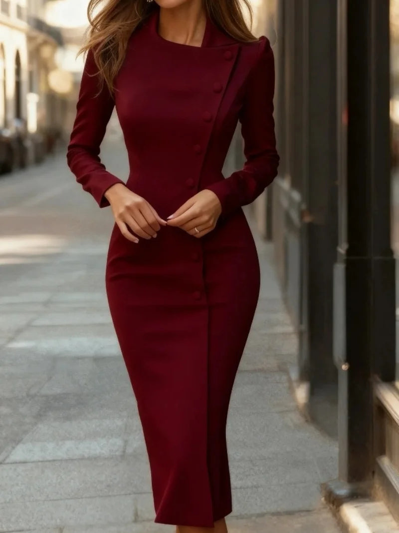Robe Midi Femme Manches Longues – Boutonnage, Coupe Fourreau Ajustée, Col Asymétrique | Style Bureau & Cocktail