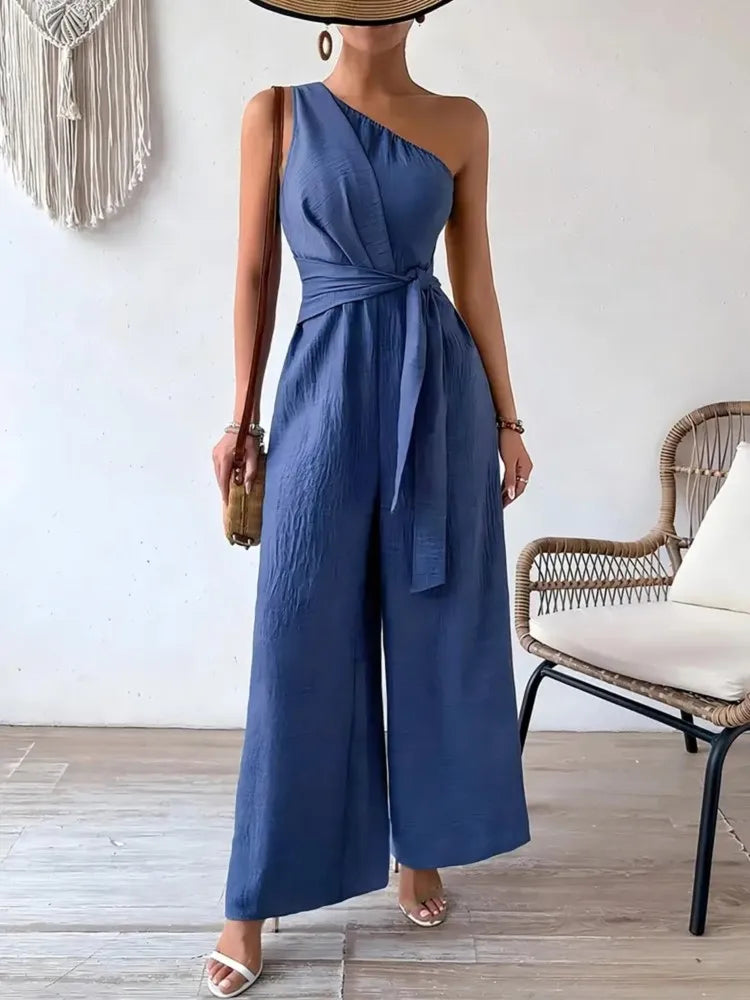 Combinaison Femme – Sans Manches, Col Asymétrique, Laçage, Jambes Larges, Taille Haute