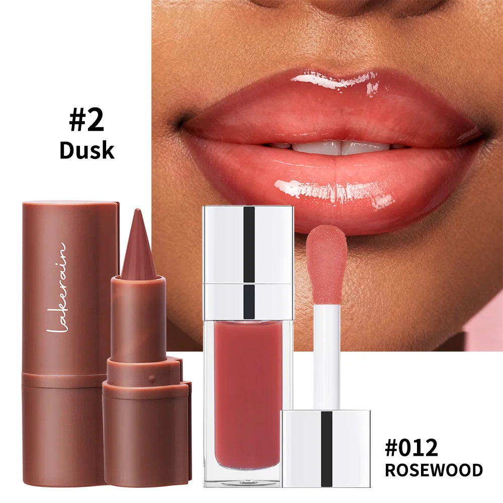 Duo Lèvres – Liner Contour Longue Tenue + Huile Gloss Brillante | 5 Sets | Lakerain