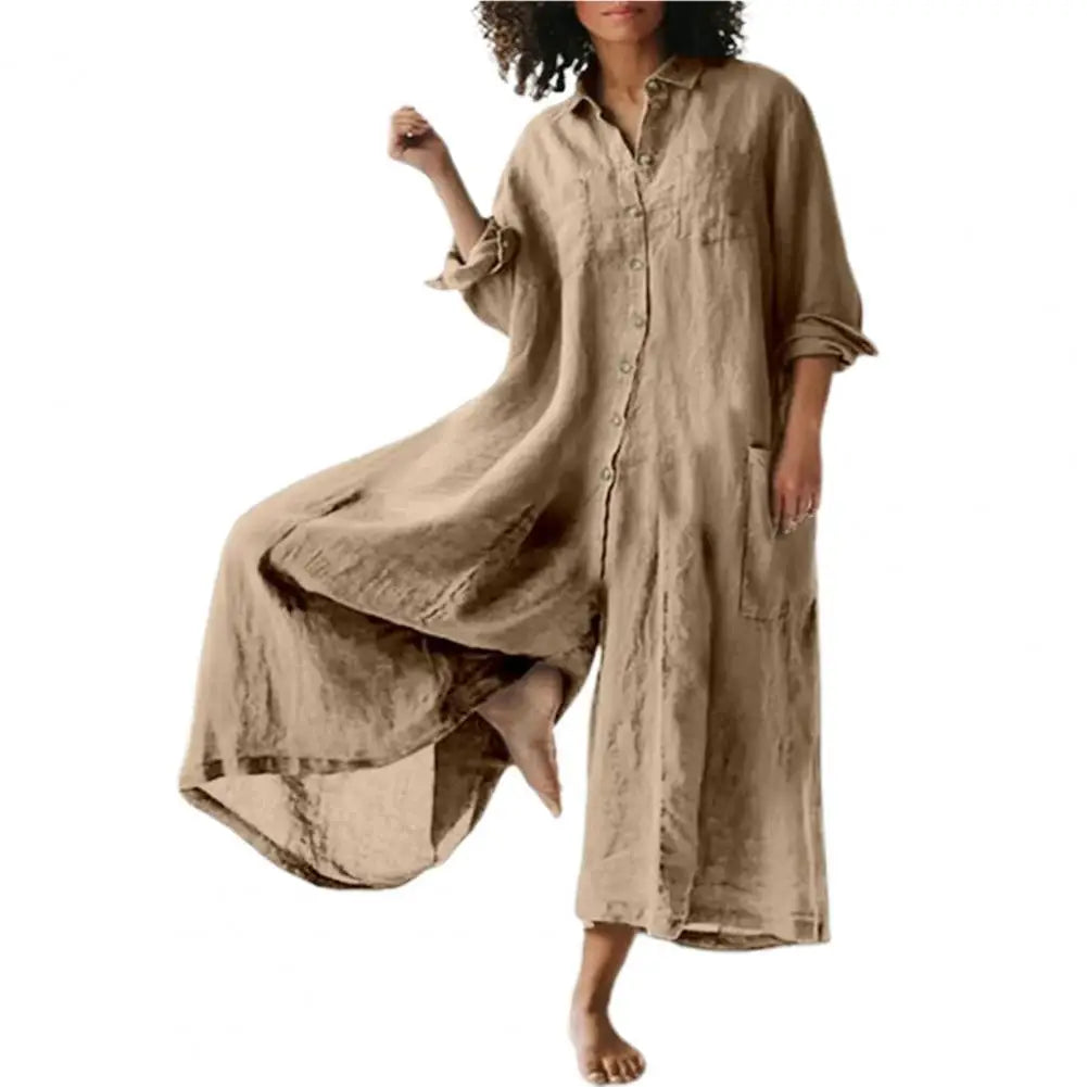 Plus Size Women's Jumpsuit – Linen Cotton, Turn-Down Collar, Wide Leg, Vintage Casual Style