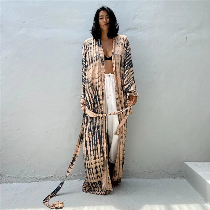 Women's Tie-Dye Long Kimono Cover-Up – Open Front, Rayon, One Size, Beach Style