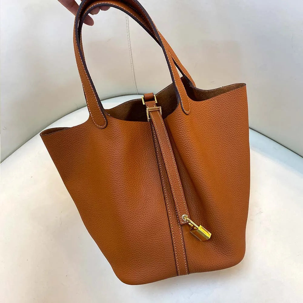 Gold genuine leather bucket bag for women - Large luxury designer tote