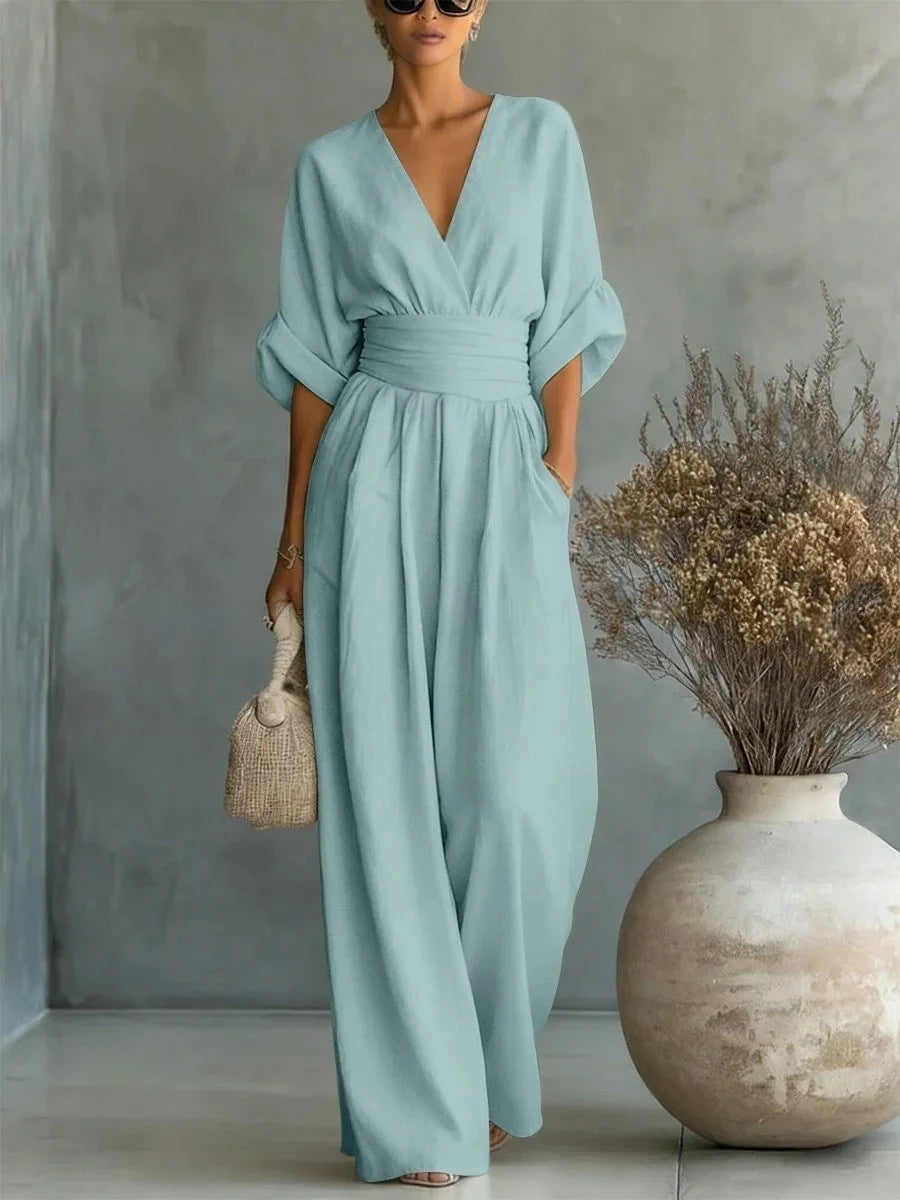 Women's Jumpsuit – V-Neck, High Waist, Wide Leg, Pockets | Elegant Loose Fit