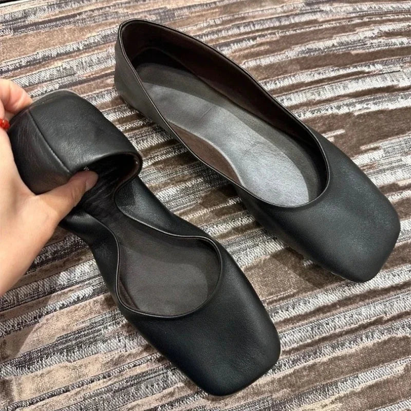 Women's genuine leather soft-sole ballet flats - Square-toe Mary Jane flat shoes