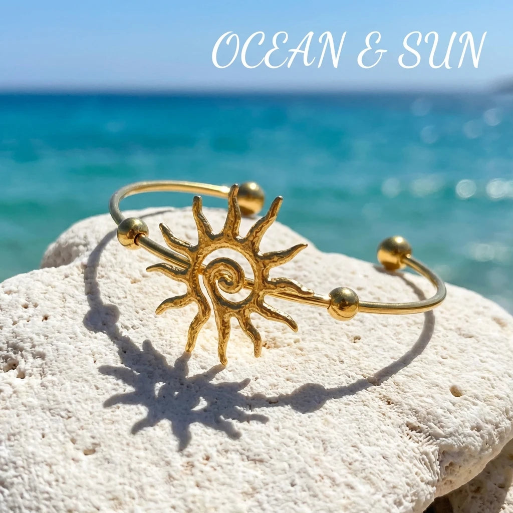 Boho Sun Cuff Bracelet – PVD Gold-Plated Stainless Steel, Geometric Style, For Women