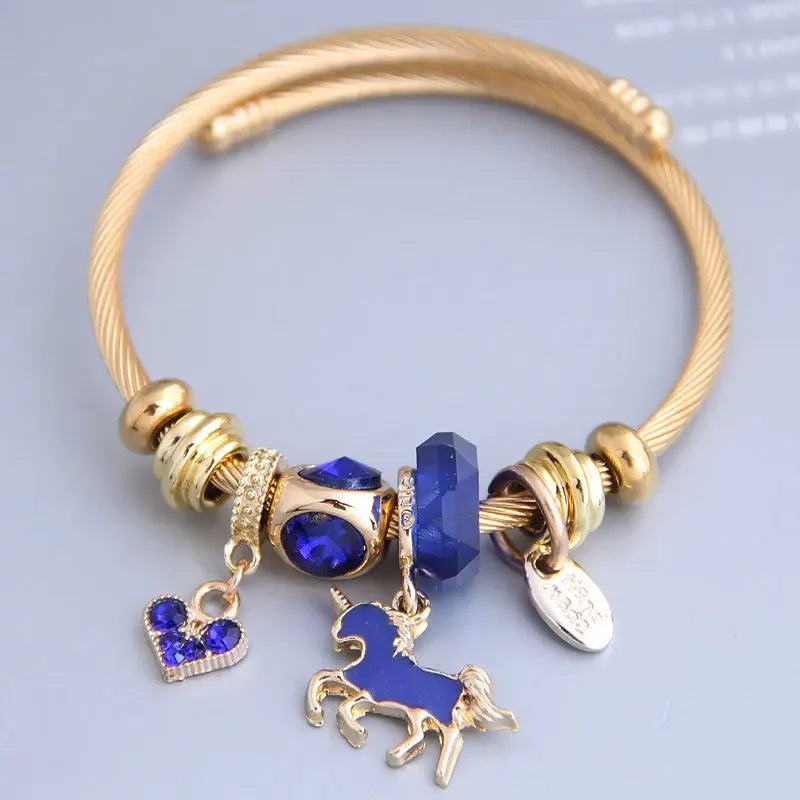 Bracelet Charm Cœur & Cheval – Acier Inoxydable Doré, Cristal, Pour Femme