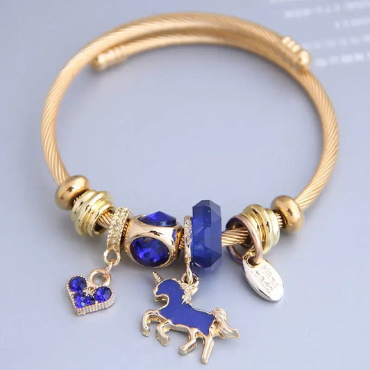Bracelet Charm Cœur & Cheval – Acier Inoxydable Doré, Cristal, Pour Femme