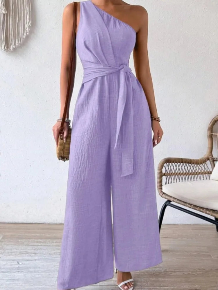 Combinaison Femme – Sans Manches, Col Asymétrique, Laçage, Jambes Larges, Taille Haute
