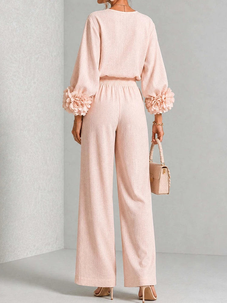 Ensemble deux pièces à manches fleuries et pantalon large