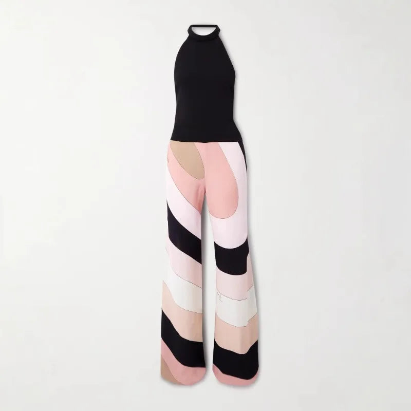 Combinaison Femme – Imprimée, Col Licou, Dos Nu, Jambes Larges, Style Plage & Soirée