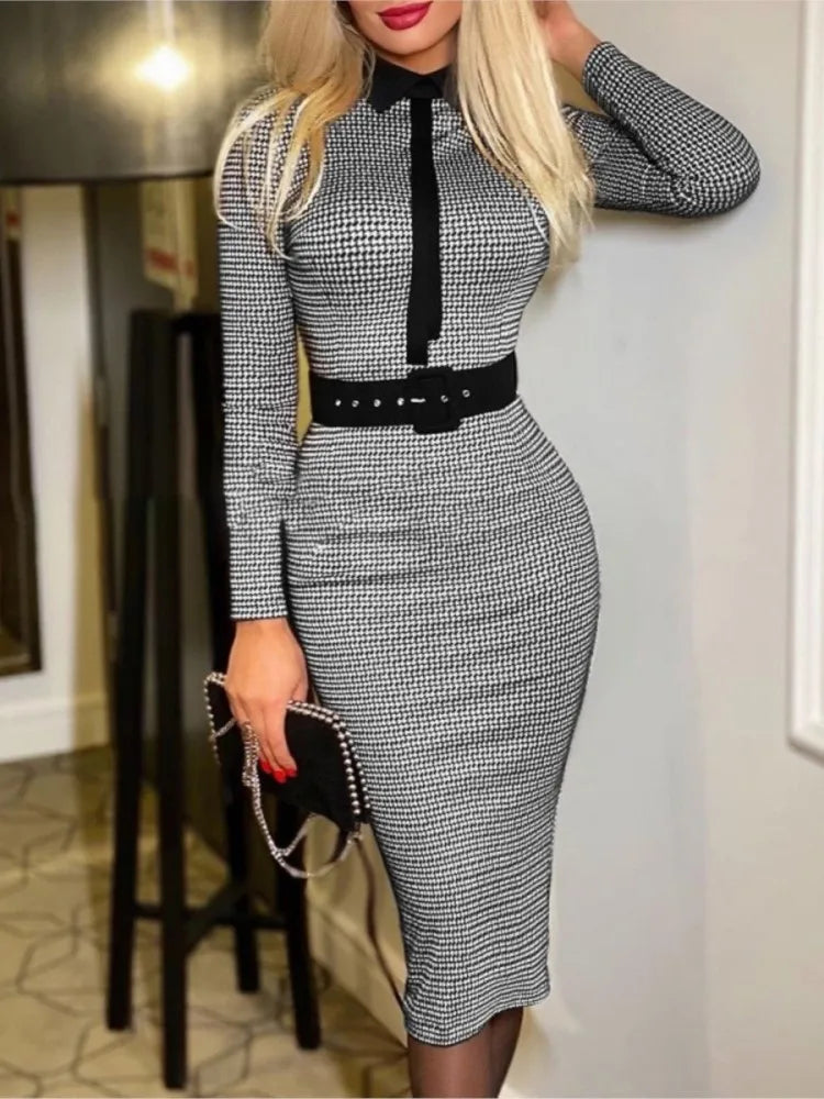 Fitted Printed Midi Dress with Belt and Structured Collar