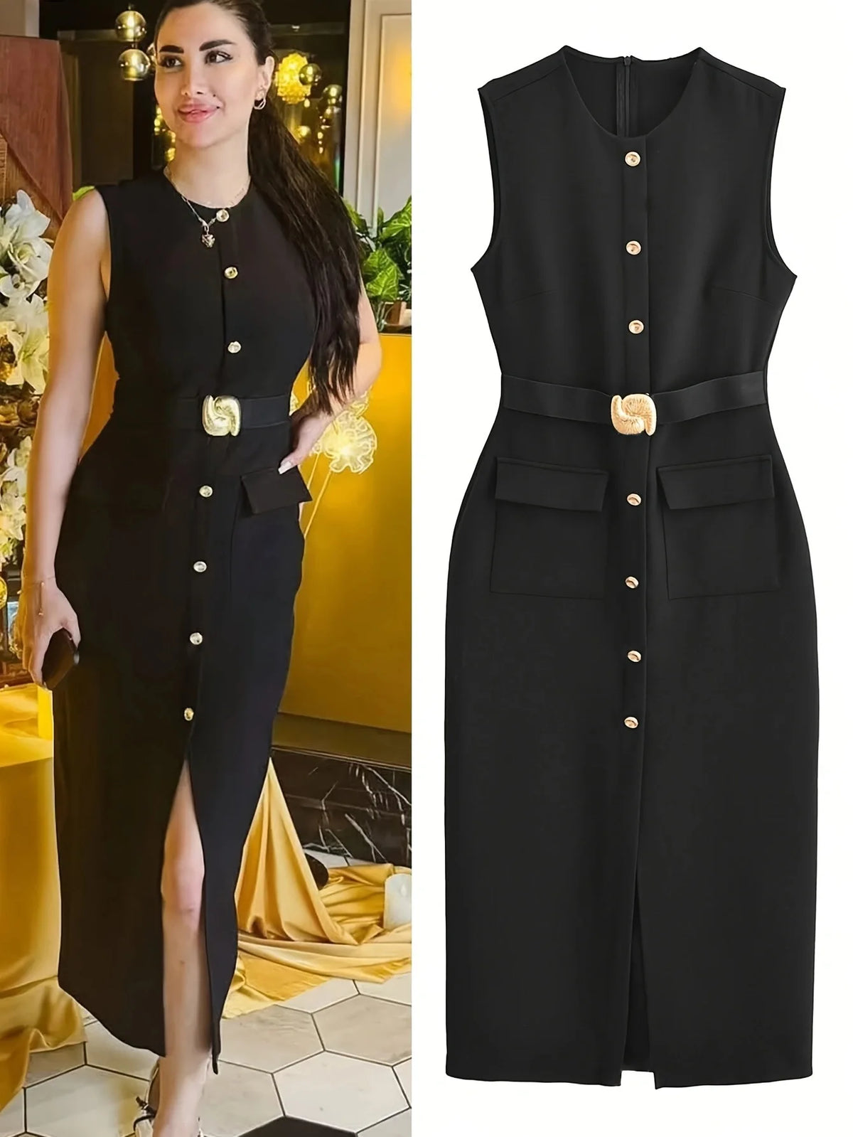 Robe Longue Femme – Col Halter, Taille Cinée, Coupe Crayon, Uni