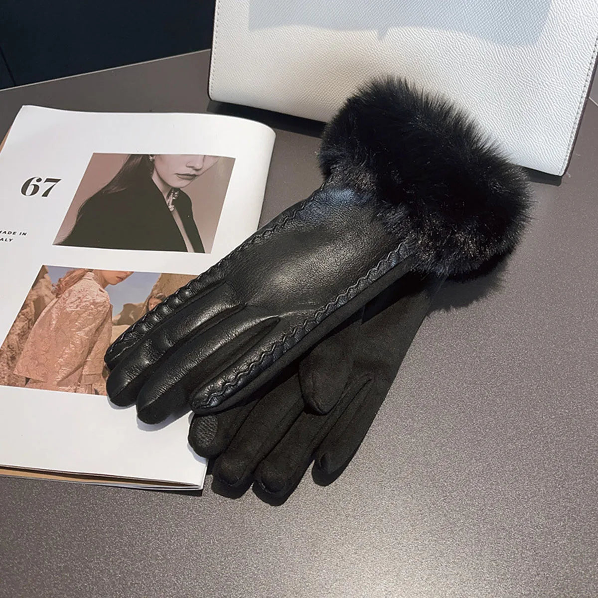 Faux leather gloves with faux fur trim