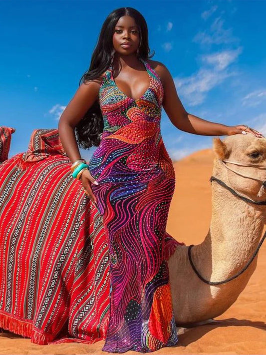 Robe Longue Sexy Imprimé Coloré – Licou, Dos Nu, Fentes,