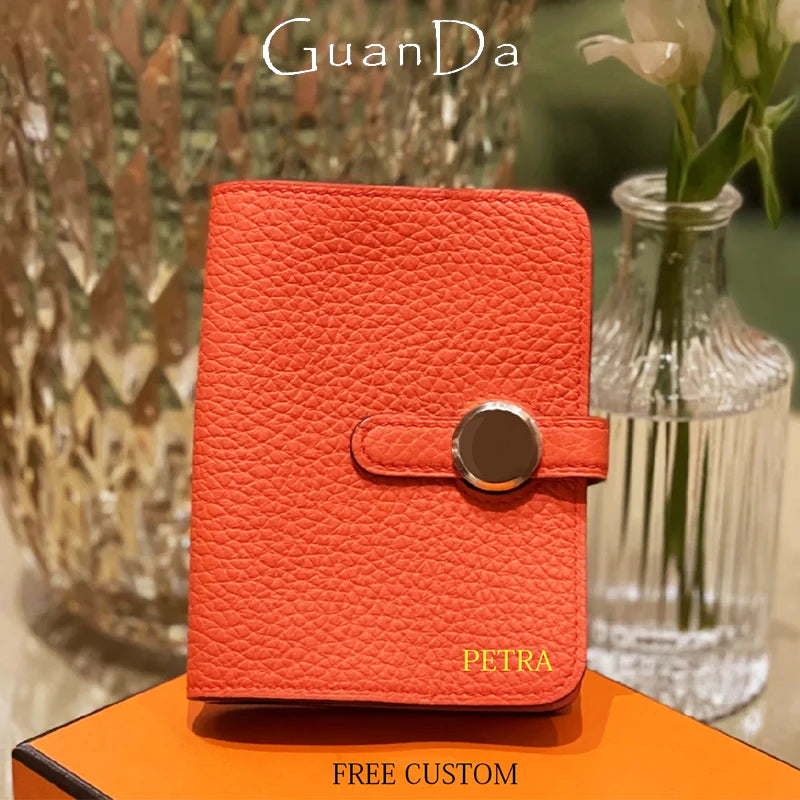 Genuine Leather Women's Wallet – Foldable Card Holder, Zipper Closure, Engraved Letters