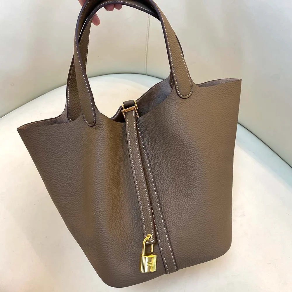 Gold genuine leather bucket bag for women - Large luxury designer tote