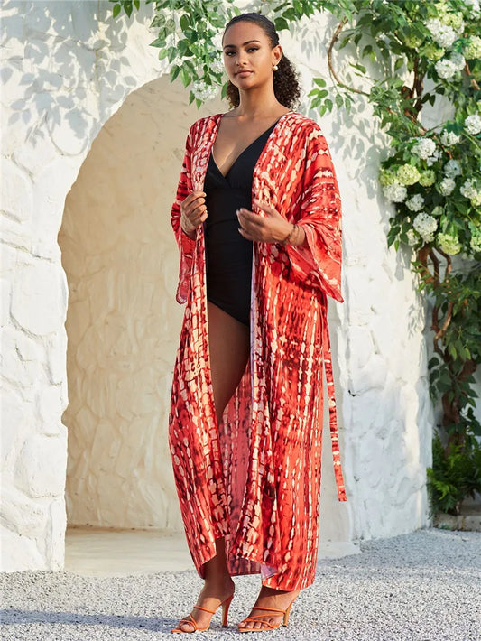 Women's Tie-Dye Long Kimono Cover-Up – Open Front, Rayon, One Size, Beach Style